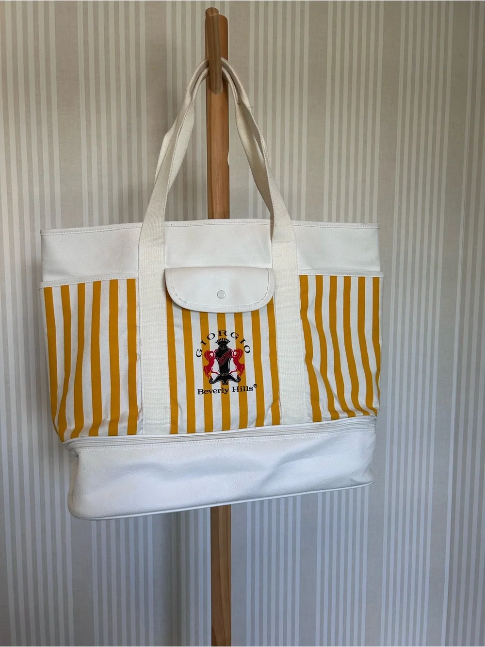 Vintage Giorgio, Beverly Hills XL Canvas Yellow Striped Tote Bag 1980s